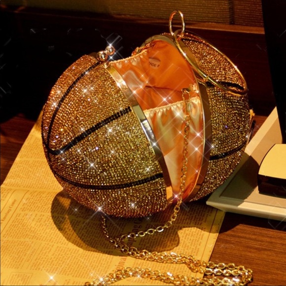 Large Gold Black basketball rhinestone crystal clutch purse Sports wristlet - Picture 5 of 11